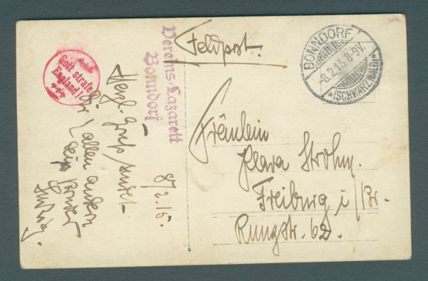 Feldpost Vereins Lazarett Bonndorf 1915